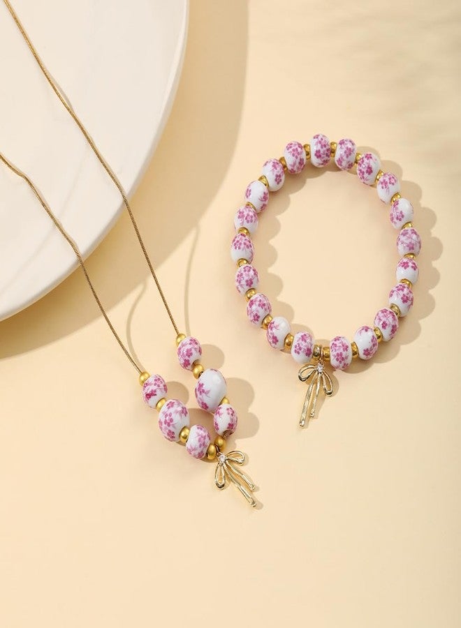 Dhdfisd Bow Necklace Bracelet Set for Women 14K Gold Beaded Bracelet Necklace Dainty Bow Jewelry Christmas Gift (Pink flowers) - Image 4